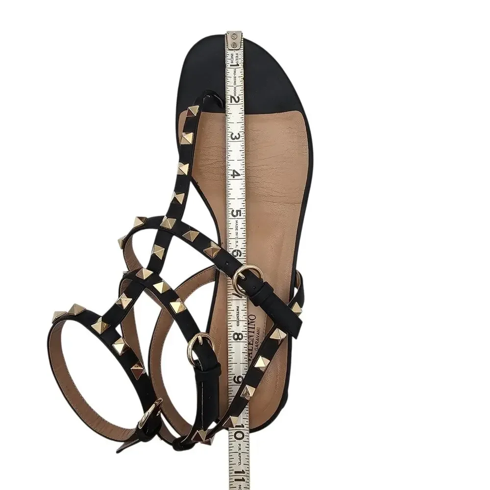 Valentino Garavani Rockstud Black Leather Cage Gladiator Flat Sandal Size 39 9